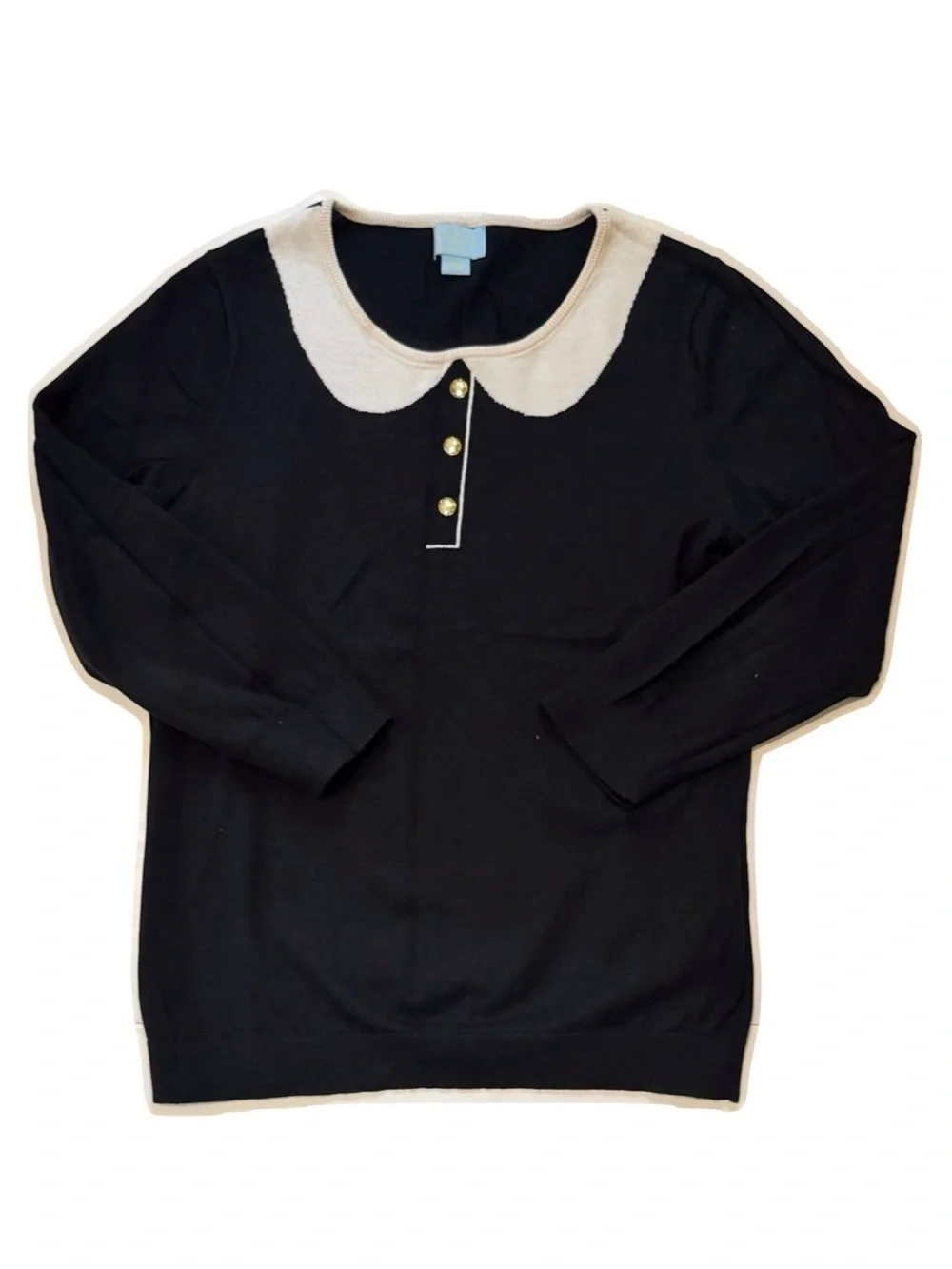 CeCe Black Sweater Intarsia Peter Pan Collar Small